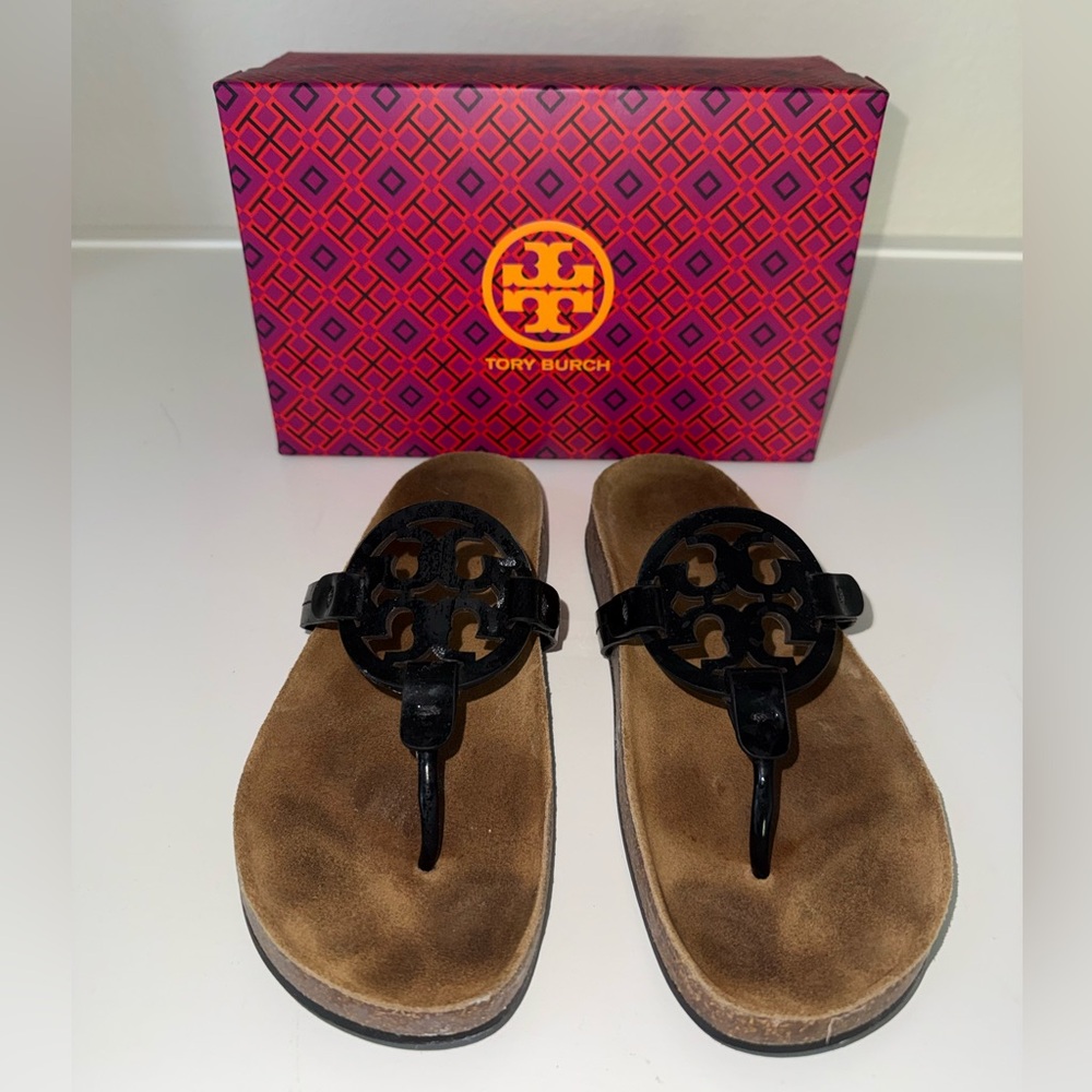 Tory Burch Women's Miller Cloud Sandals Black Patent Leather Natural Size 8